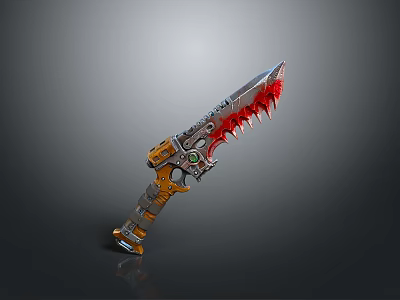 Mechanical Sci Fi Knife With Red Serrated Blade And Orange Silver Handle 3d model