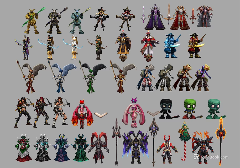 Diverse Game and Movie Character Action Figures with Unique Outfits and Weapons 3d model 