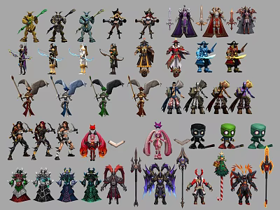 Diverse Game and Movie Character Action Figures with Unique Outfits and Weapons 3d model