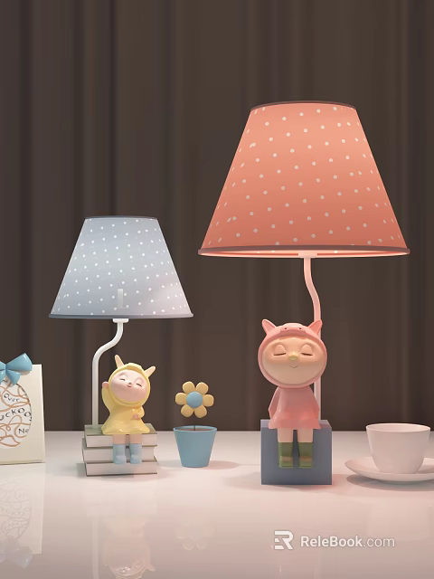 Cute Cartoon Animal Base Table Lamps With Blue Pink Polka Dot Shades For Home Decor 3d model 