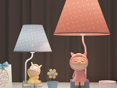 Cute Cartoon Animal Base Table Lamps With Blue Pink Polka Dot Shades For Home Decor 3d model