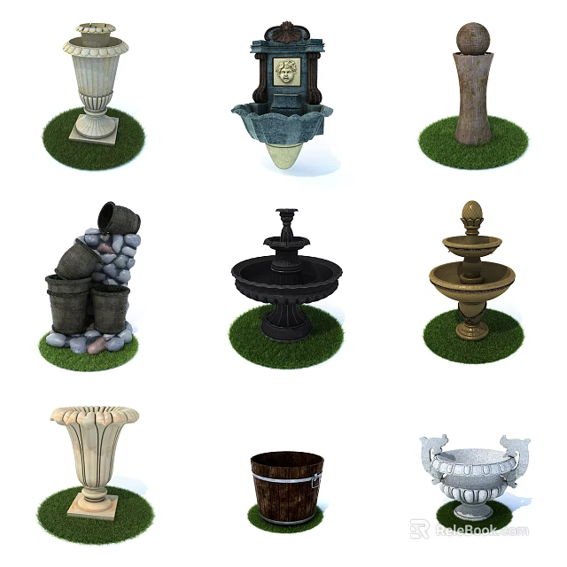Various Garden Ornaments Including Fountains Planters Stone Piles And Bird Baths 3d model 