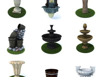 Various Garden Ornaments Including Fountains Planters Stone Piles And Bird Baths 3d model