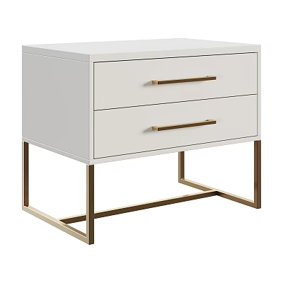 Sleek Modern White Nightstand With Two Drawers And Golden Metal Legs 3d model