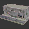 Two Story Building Model With White Concrete Exterior Windows And Paved Platform