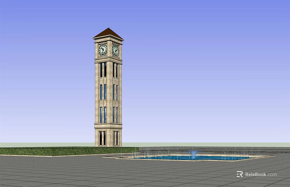 Tall Tower With Red Roof And Clock Surrounded By Lawn And Blue Pool 3d model 