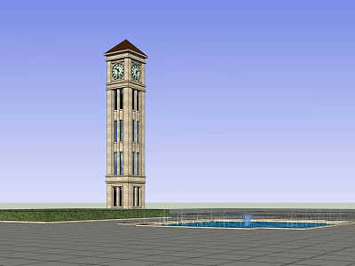 Tall Tower With Red Roof And Clock Surrounded By Lawn And Blue Pool 3d model