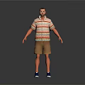 Man In Striped Polo Shirt Brown Shorts Blue Shoes 3D Model Standing Gray Background