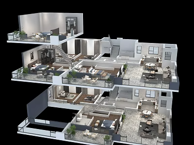 Modern Multi Level Apartment Interior Layout With Rooms Furniture And Plants 3d model