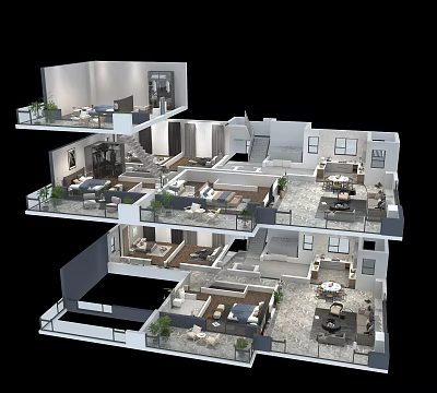 Modern Multi Level Apartment Interior Layout With Rooms Furniture And Plants 3d model
