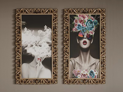 Portraits in Golden Ornate Frames with Black and White Cloudy Head and Colorful Floral Art 3d model