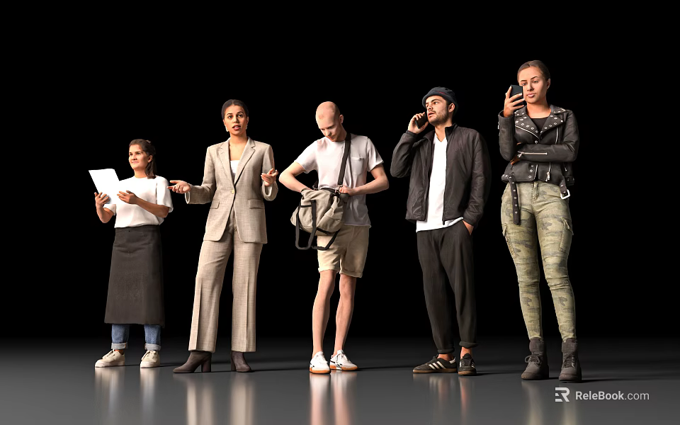 Group Of Diverse People Standing Together Holding Papers Talking On Phones And Carrying Bags 3d model 