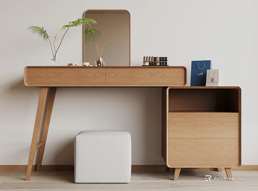 Natural Wood Dressing Table With Mirror Green Plant White Stool And Storage Cabinet 3d model 