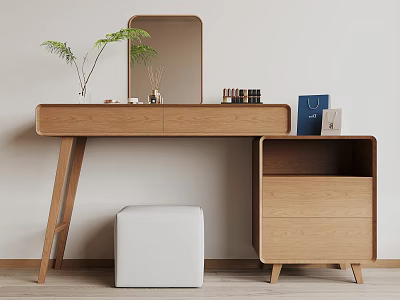 Natural Wood Dressing Table With Mirror Green Plant White Stool And Storage Cabinet 3d model