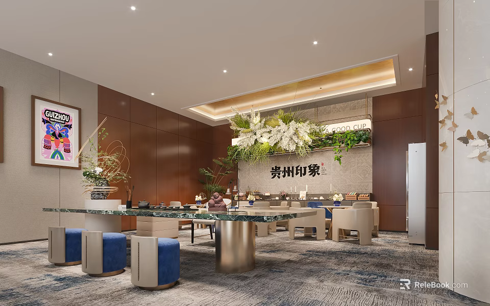 Modern Hotel Public Lounge Area With Green Plants Sofas Decorative Painting And Guizhou Impression Wall 3d model 