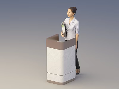 Modern Reception Desk With Marble Top And Friendly Receptionist Standing By 3d model