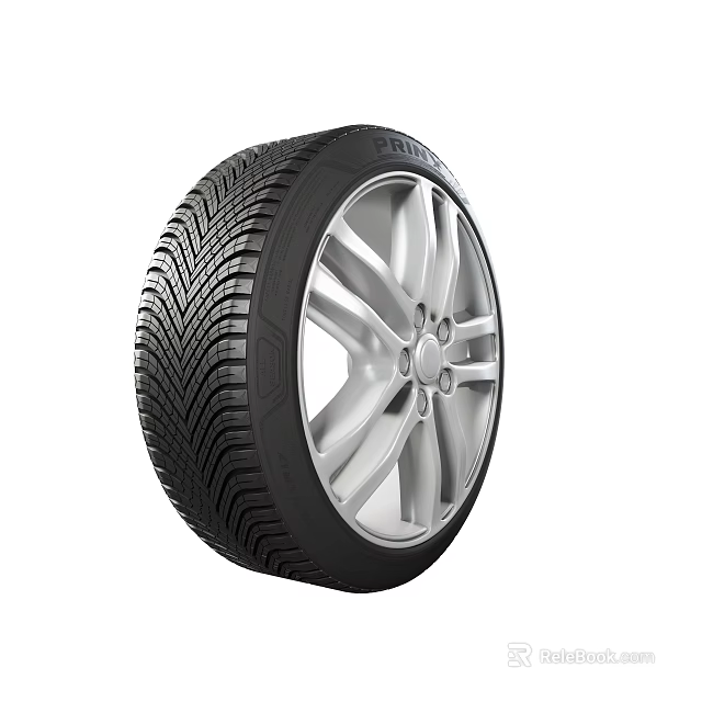 Modern Car Tire With Deep Tread Pattern And Silver Alloy Rim For Passenger Vehicles 3d model 