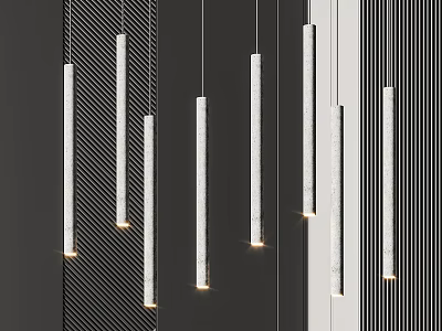 White Cylindrical Marble Textured Pendant Lights Hanging In Modern Interior With Striped Wall 3d model