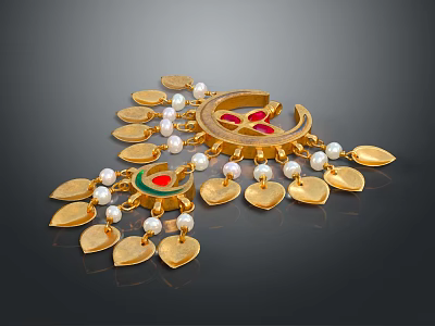 Ornate Traditional Clothing Accessories With Golden Design Pearls And Red Green Gemstones 3d model