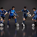 Four men in blue jerseys playing football together each with a soccer ball