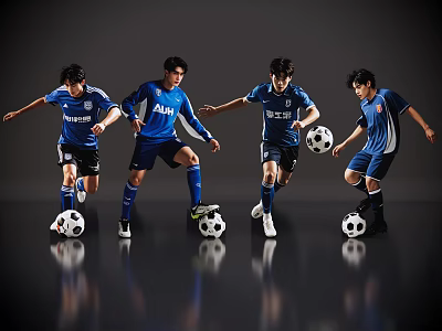 Four men in blue jerseys playing football together each with a soccer ball 3d model
