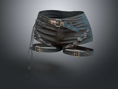 Black Leather Shorts With Belt Details Metal Buckles And Pleated Design 3d model