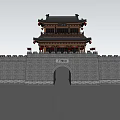 Ancient City Gate Tower Architecture With Gray Brick Walls Wooden Pavilion Red Decorations And Reflection