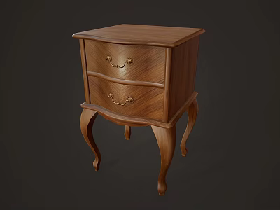 Classic Wooden Nightstand With Two Drawers Golden Handles And Curved Legs 3d model