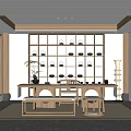 Japanese-style Tea Room Interior With Wooden Table Bench Tea Set Shelf And Potted Plant