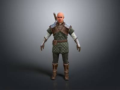Medieval Warrior Man in Leather Armor with Sword on Back and Leather Boots 3d model