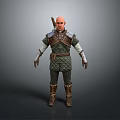 Medieval Warrior Man in Leather Armor with Sword on Back and Leather Boots