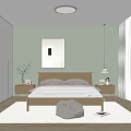 Modern Bedroom Interior With Green Walls White Wardrobes And Wooden Bed Frame
