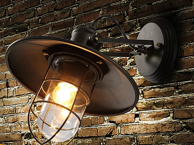Industrial Style Metal Wall Lamp with Black Shade and Warm Glowing Light on Brick Wall 3d model