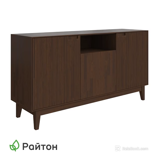 Dark Brown Wooden Dresser With Vertical Slat Doors And Central Open Compartment 3d model 