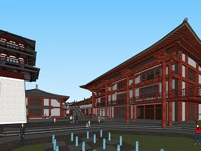 Traditional Chinese Commercial Street with Red Wooden Architecture Curved Eaves and Pedestrians in Open Plaza 3d model