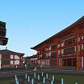 Traditional Chinese Commercial Street with Red Wooden Architecture Curved Eaves and Pedestrians in Open Plaza