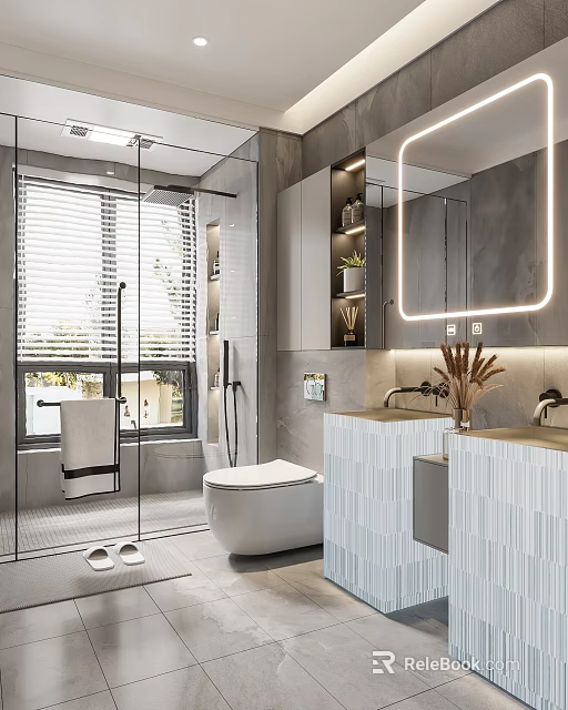 Modern Bathroom Interior With Glass Shower Door Window Blinds Double Vanity And Lighting Mirror 3d model 