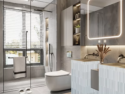 Modern Bathroom Interior With Glass Shower Door Window Blinds Double Vanity And Lighting Mirror 3d model