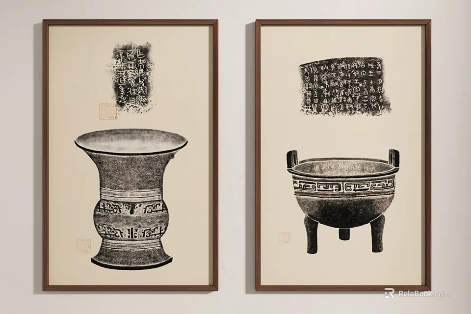 Traditional Chinese Bronze Ware Framed Art With Intricate Patterns And Rubbings 3d model 