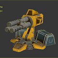 Futuristic Yellow Multi Barrel Turret Weapon With Mechanical Base And Blue Crates