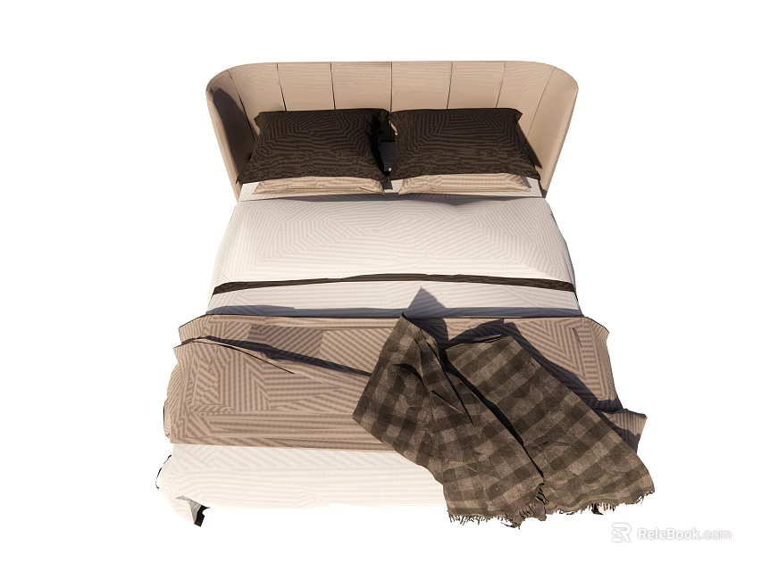 Double Bed With Beige Headboard White Bed Sheets Pillows And Plaid Blanket 3d model