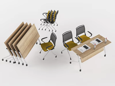 Foldable Wooden Office Desk With Wheeled Black Yellow Chairs And Laptop 3d model