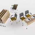 Foldable Wooden Office Desk With Wheeled Black Yellow Chairs And Laptop