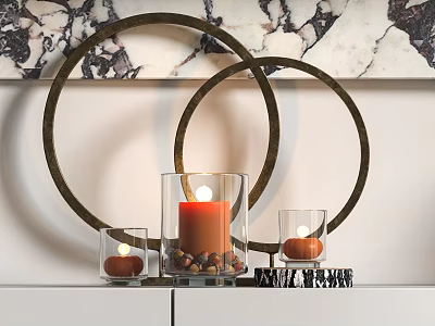 Modern Decorative Ornament Set with Metal Circular Rings Glass Candle Holders and Pebbles 3d model