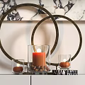 Modern Decorative Ornament Set with Metal Circular Rings Glass Candle Holders and Pebbles
