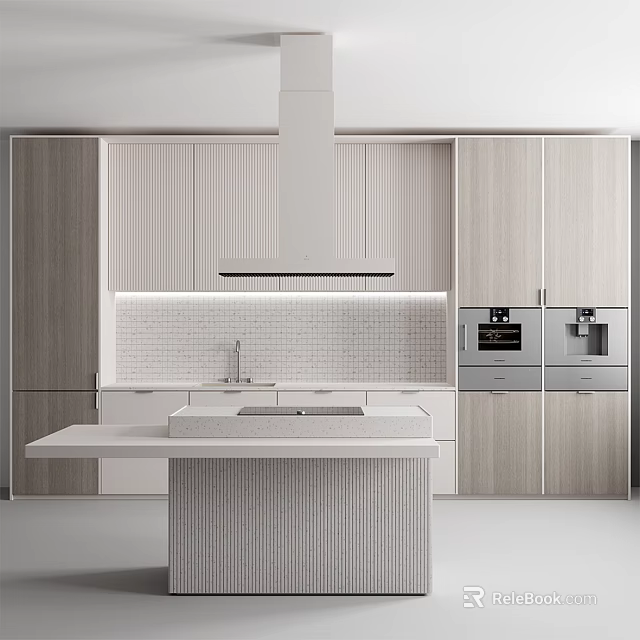 Modern Kitchen Interior With Wooden Cabinets Island Counter Tile Backsplash And Range Hood 3d model 