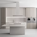 Modern Kitchen Interior With Wooden Cabinets Island Counter Tile Backsplash And Range Hood