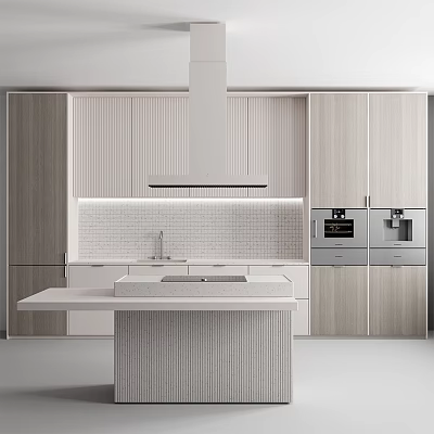 Modern Kitchen Interior With Wooden Cabinets Island Counter Tile Backsplash And Range Hood 3d model