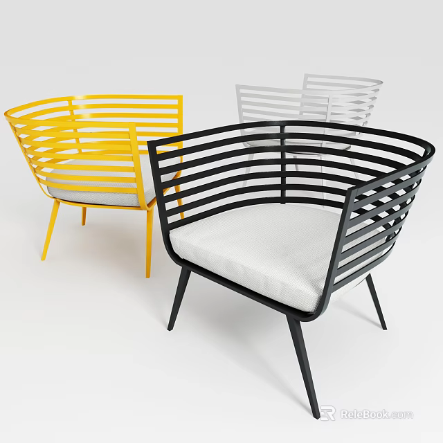 Yellow Black Light Colored Leisure Chair With Curved Metal Slat Frame And Cushioned Seat 3d model 