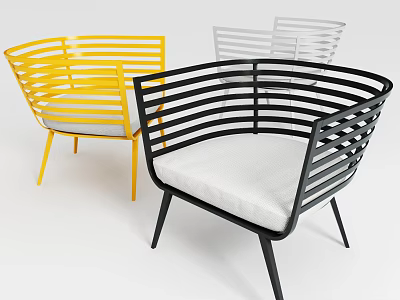 Yellow Black Light Colored Leisure Chair With Curved Metal Slat Frame And Cushioned Seat 3d model